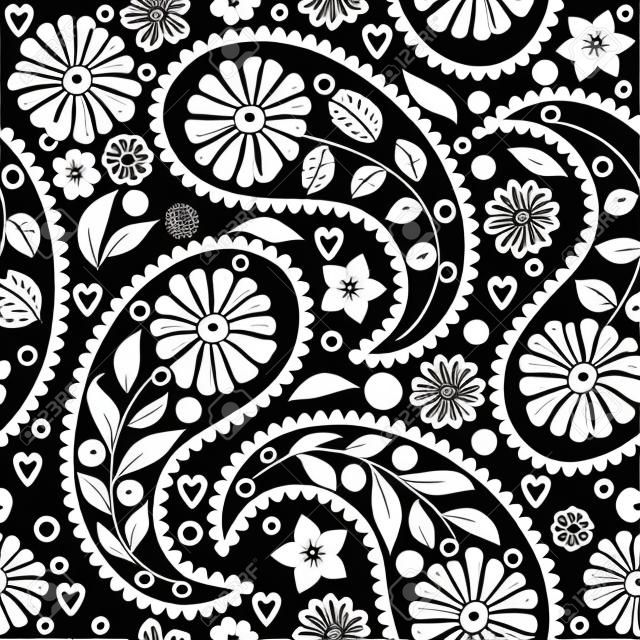 Seamless monochromatic black pattern with paisley and flowers on transparent background. Vector image. Eps 8