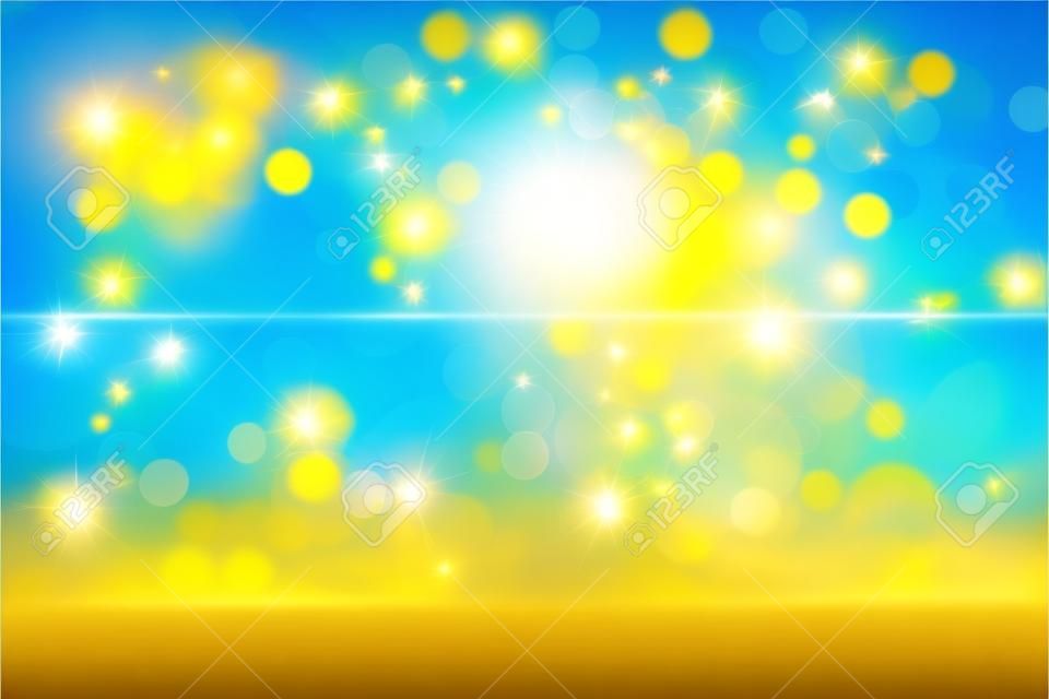 Fondo de textura de paisaje de primavera o verano de movimiento degradado brillante abstracto con luces de bokeh amarillo oro natural y cielo soleado azul brillante. Hermoso telón de fondo con marco blanco para el diseño.