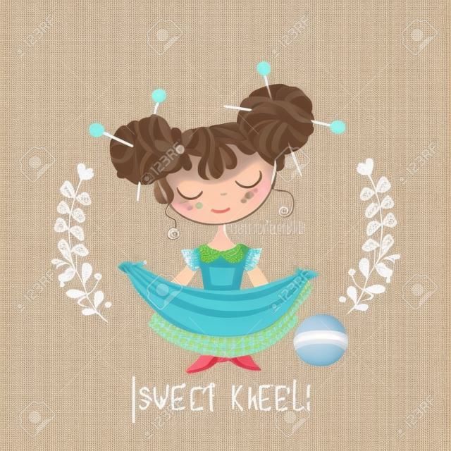 Sweet girl knitter unravels the yarn into a ball. Needlewoman.Vector.