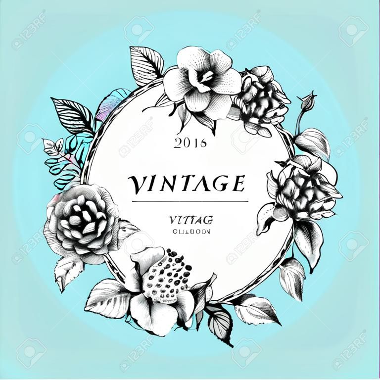 Belle carte avec une couronne ronde de différentes fleurs de jardin vintage