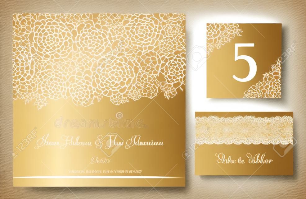 Set backgrounds to celebrate the wedding. Invitation card, table number, guest card. Vector illustration. Golden stylized elements of the field flowers on a beige background.