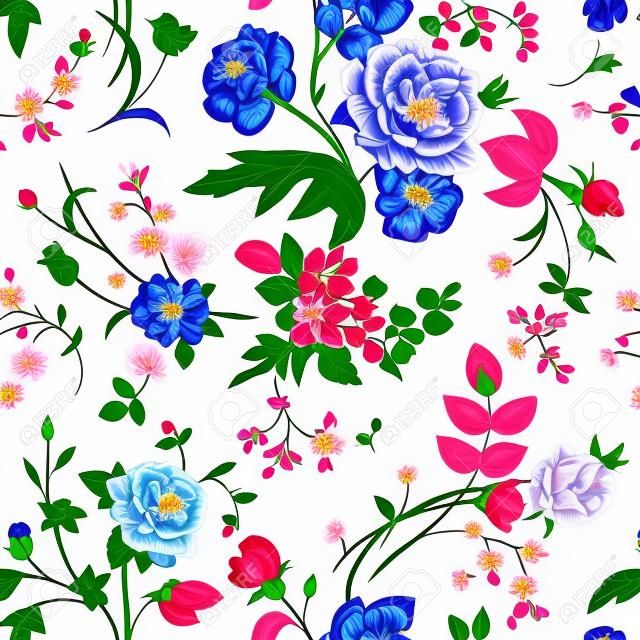 用五顏六色的鮮花在灰色背景粉紅色的玫瑰，鬱金香，藍飛燕的維多利亞花束無縫矢量模式
