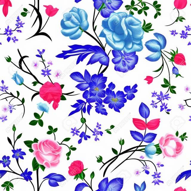 Seamless vector pattern with Victorian bouquet of colorful flowers on a gray background  Pink roses, tulips, blue delphinium 