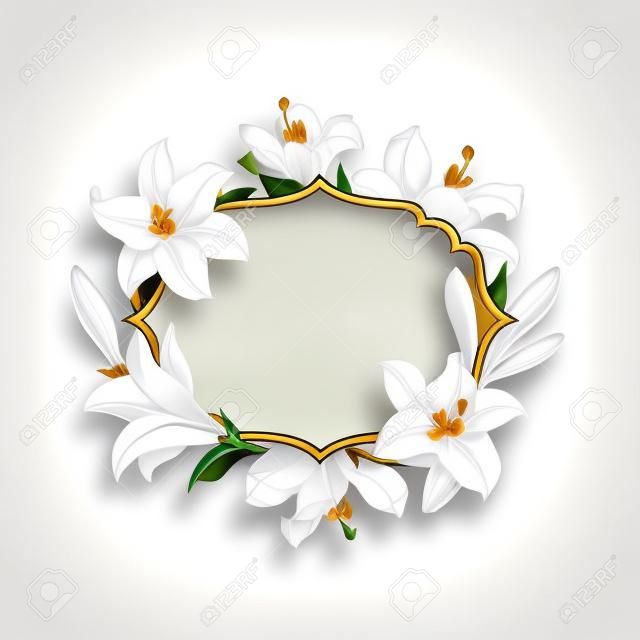Vintage bloemenframe met witte koninklijke lelies op een crème achtergrond. Vector illustratie.
