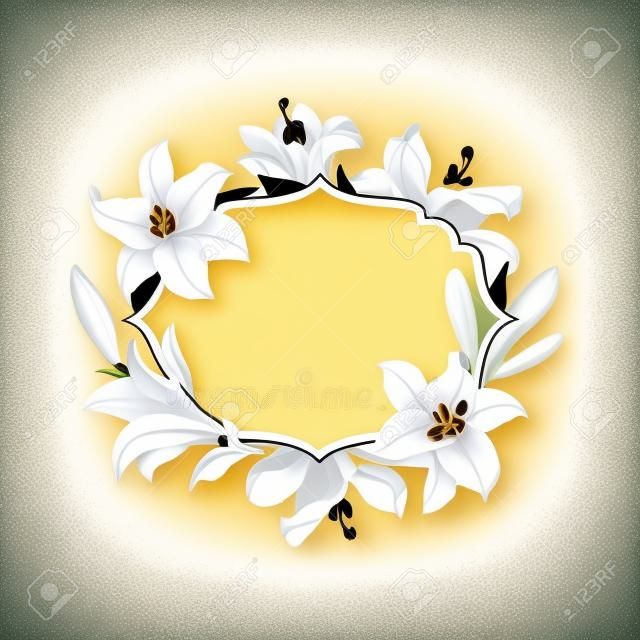 Vintage bloemenframe met witte koninklijke lelies op een crème achtergrond. Vector illustratie.