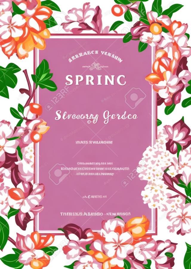 Vintage vector vertical card spring. Black and white blooming branches of lilac, peach, pear, pomegranate, apple tree.