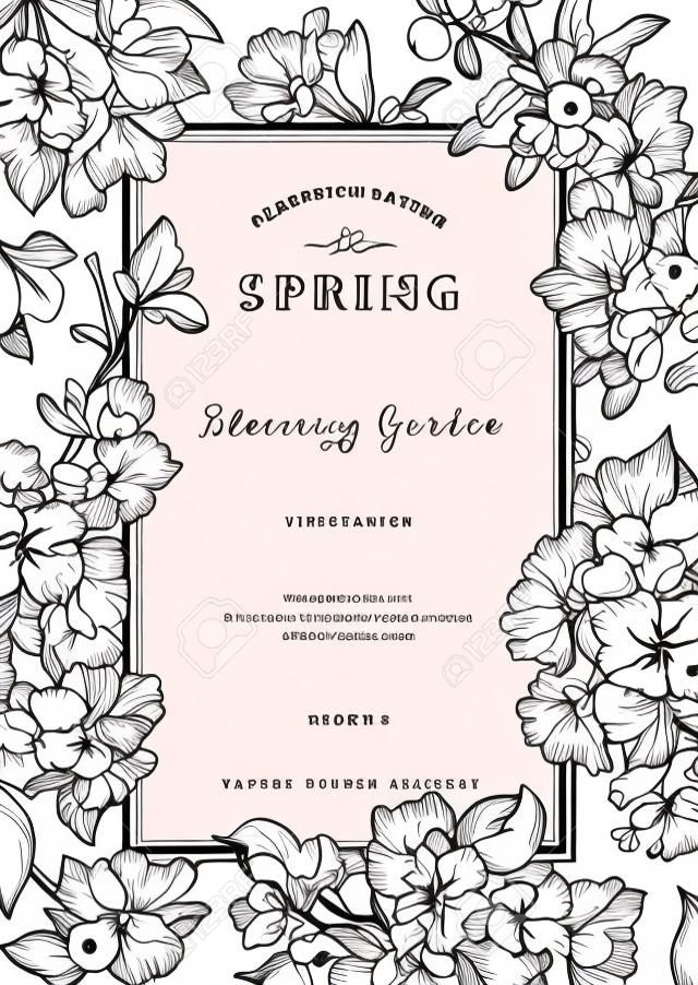 Vintage karta wektor pionowy wiosna. Czarno-białe kwitnienie gałęzie bzu, brzoskwini, gruszki, granat, jabłoni.