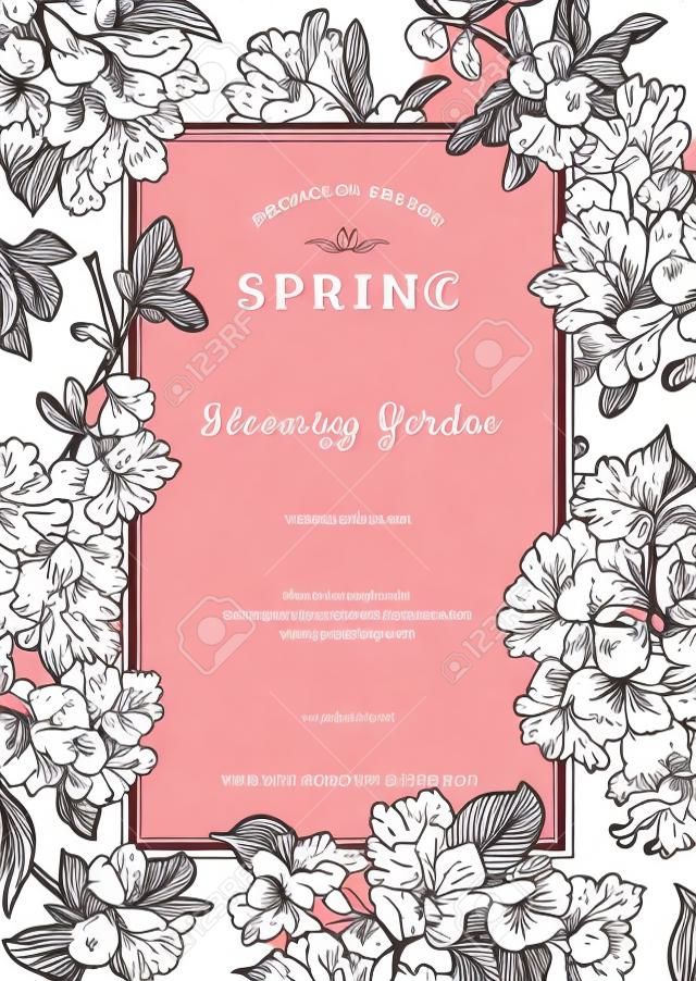 Primavera de cartão vertical vetorial vintage. Ramos de florescimento preto e branco de lilás, pêssego, pêra, romã, macieira.