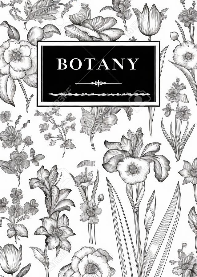 Botânica. Cartão floral vintage. Ilustração vetorial de gravuras de estilo. Flores pretas e brancas.