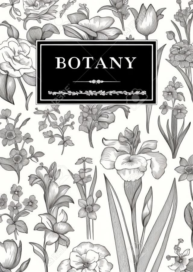 식물학. 빈티지 꽃 카드입니다. 스타일 조각의 벡터 일러스트 레이 션. 검은 색과 흰색 꽃.