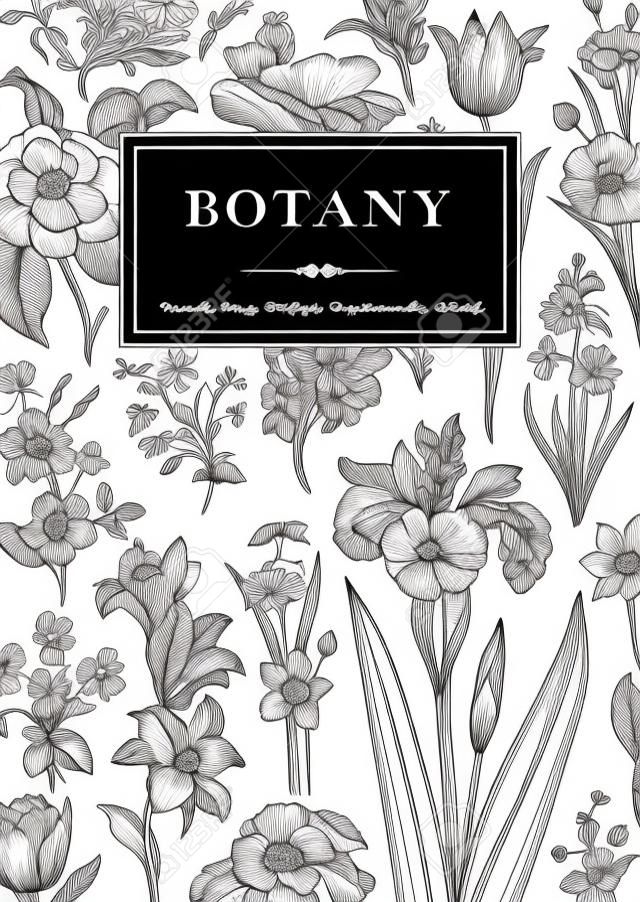 식물학. 빈티지 꽃 카드입니다. 스타일 조각의 벡터 일러스트 레이 션. 검은 색과 흰색 꽃.