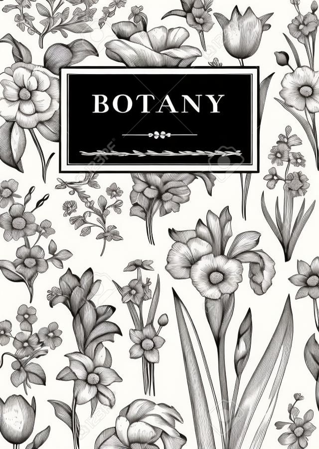 Botánica. Vintage tarjeta floral. Ilustración vectorial de grabados de estilo. Flores blancas y negras.