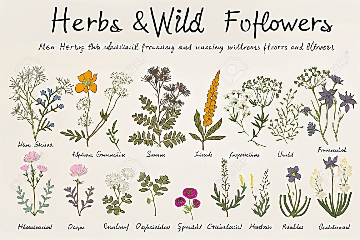 Травы и дикие цветы. Ботаника. Задавать. Урожай цветов. Красочные иллюстрации в стиле гравюр.