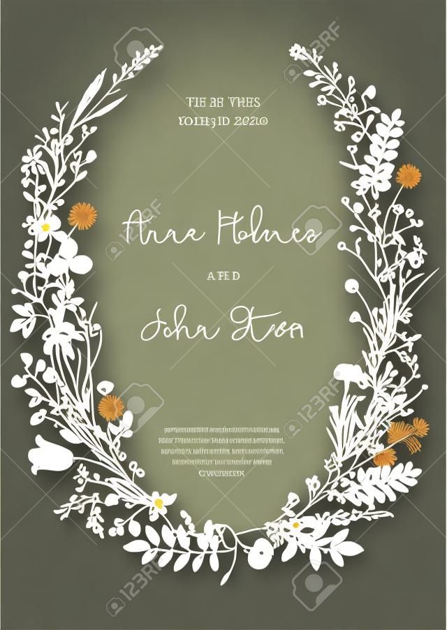 The wreath of wild flowers. Wedding invitation in the style of boho. Vector vintage illustration.