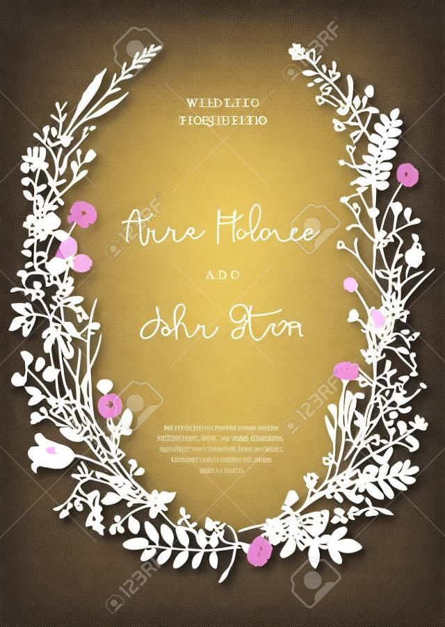 Der Kranz von wilden Blumen. Hochzeitseinladung im Stil von Boho. Vektor Vintage Illustration.