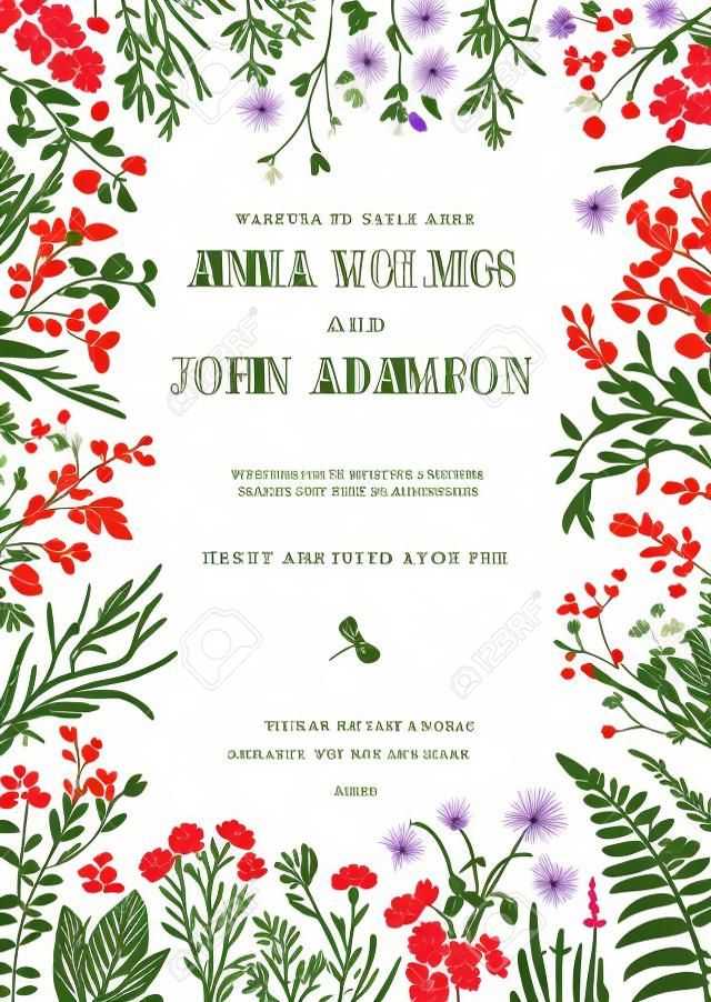 The frame of herbs and wild flowers. Wedding invitation in the style of boho. Vector vintage illustration. Colorful