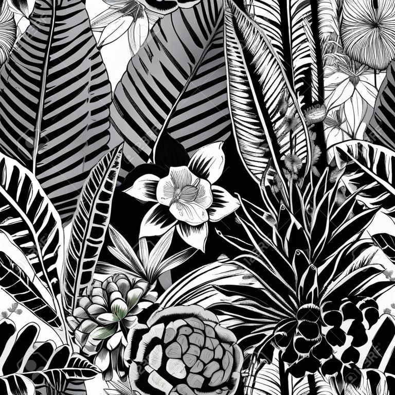 Vector seamless vintage pattern. Exotic flowers and plants. Botanical classic illustration.