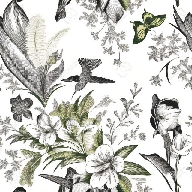 ベクターのシームレスなヴィンテージ花柄パターン。エキゾチックな花と鳥。植物の典型的な例。黒と白