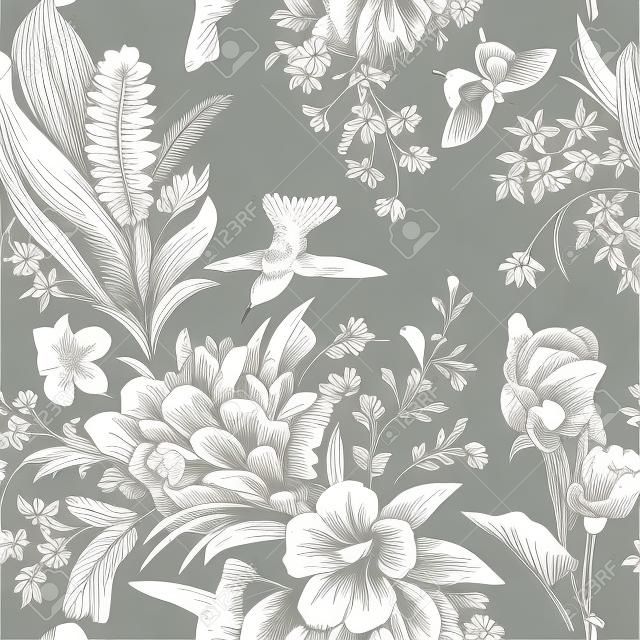 Motivo floreale vintage senza giunte di vettore. Fiori e uccelli esotici. Illustrazione classica botanica. Bianco e nero