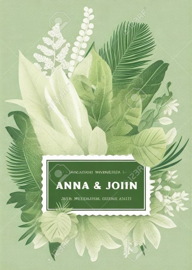 Wektor zabytkowe karty. Zaproszenie na ślub. Ilustracje z roślinami. Tropikalnych liści. Zielony.