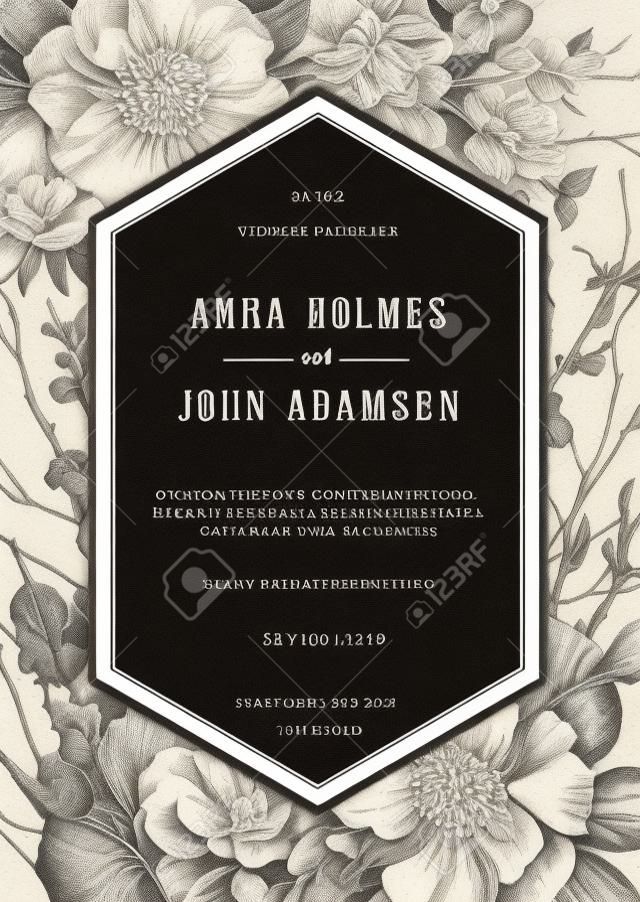 Invitación de boda. Ilustración botánica vintage En blanco y negro