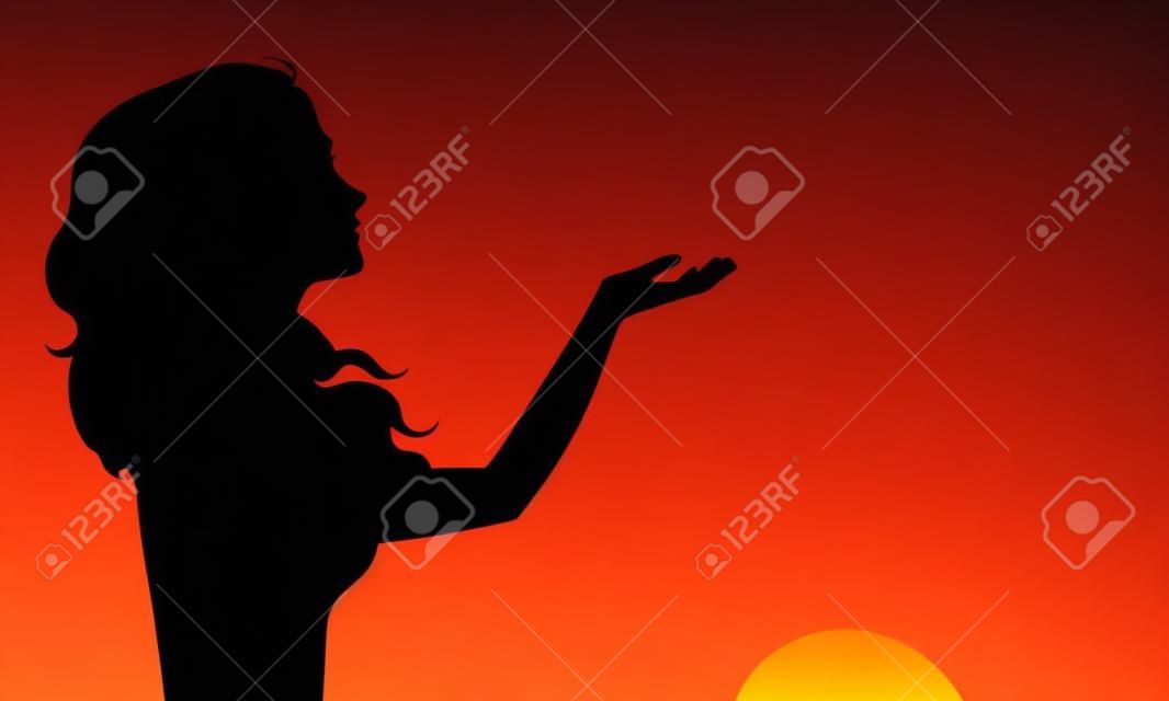 Kadının Sunset siluet. Eps 8 vektör illüstrasyon