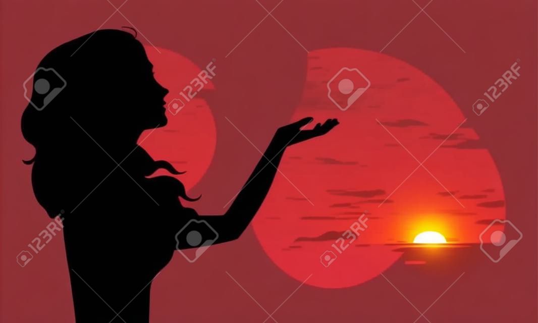 Sunset silhouette of woman. Eps 8 vector illustration