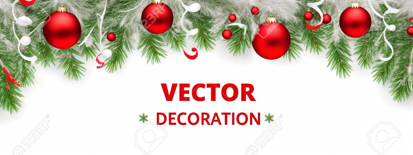 Winter holiday background. Border with Christmas tree branches isolated on white. Garland, frame with hanging baubles, streamers. Great for Christmas, New year cards, banners, headers, party posters.