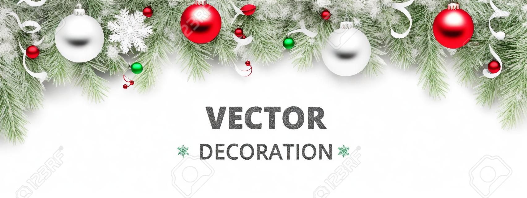 Winter holiday background. Border with Christmas tree branches isolated on white. Garland, frame with hanging baubles, streamers. Great for Christmas, New year cards, banners, headers, party posters.