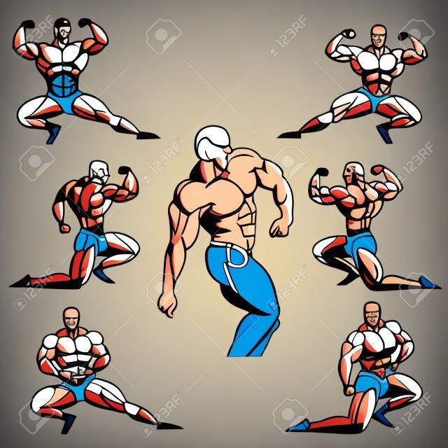set of bodybuilding icons, muscles, vector illustration