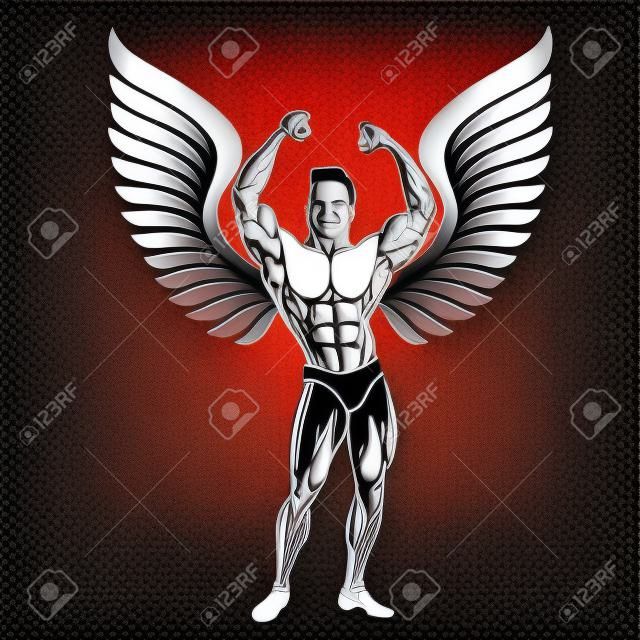 Bodybuilder avec thème ailes, fitness et musculation, vecteur