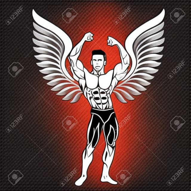 Bodybuilder with wings, fitness and bodybuilding theme, vector
