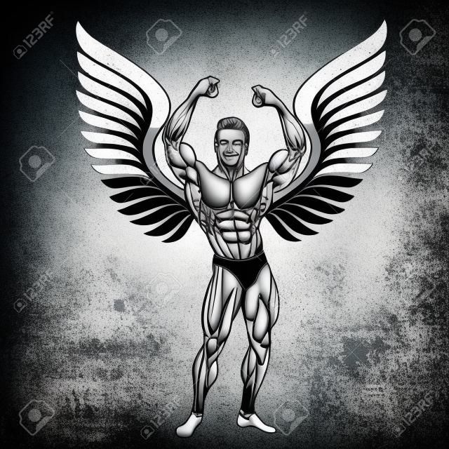 Bodybuilder avec thème ailes, fitness et musculation, vecteur