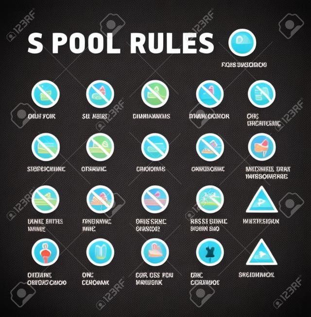 Zwembad regels. Set van pictogrammen en symbool voor zwembad.