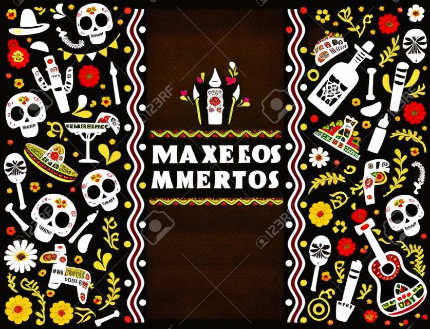 Dias de los Muertos typography banner vector. Mexico design for fiesta cards or party invitation, poster. Flowers traditional mexican frame with floral letters on dark background.