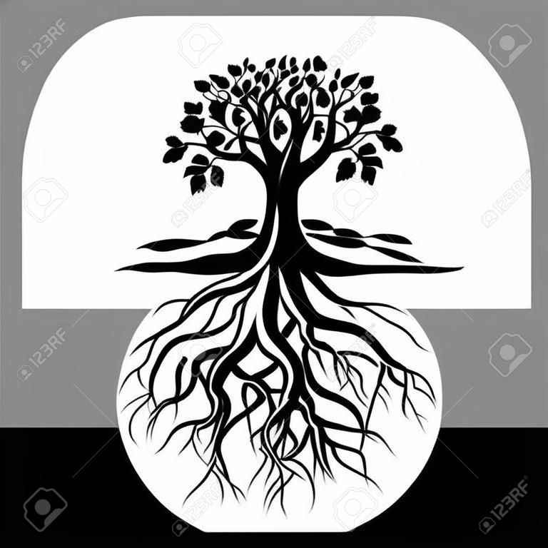 Árbol con raíces en el fondo Negro y blanco