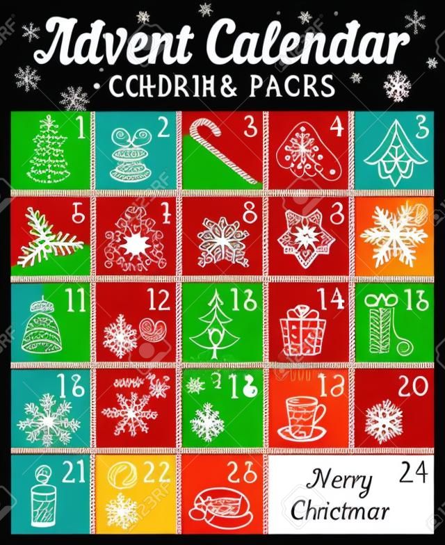 Calendario dell'Avvento con pagine da colorare natalizie. Festive simboli invernali e di Capodanno. Stile di disegno a mano. Illustrazione vettoriale