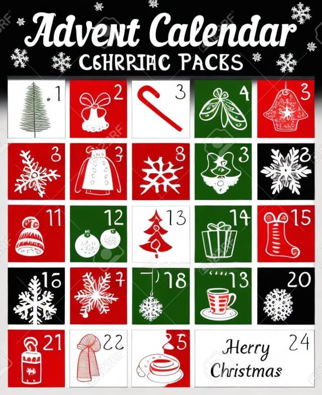 Calendario dell'Avvento con pagine da colorare natalizie. Festive simboli invernali e di Capodanno. Stile di disegno a mano. Illustrazione vettoriale