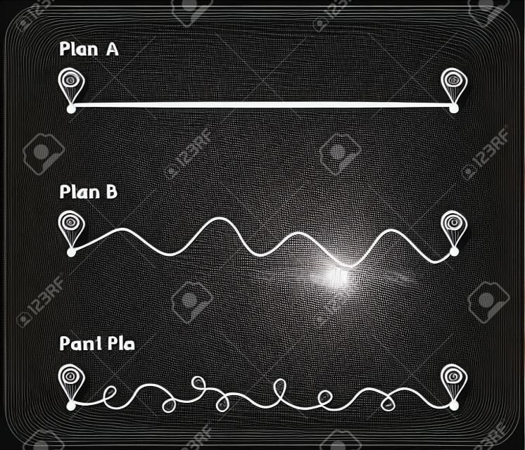 プランAからプランBまでの2点間のパスのセットと、連続した1本の線画の実際の図。細い線形スタイルで成功する方法。落書きベクトルイラスト