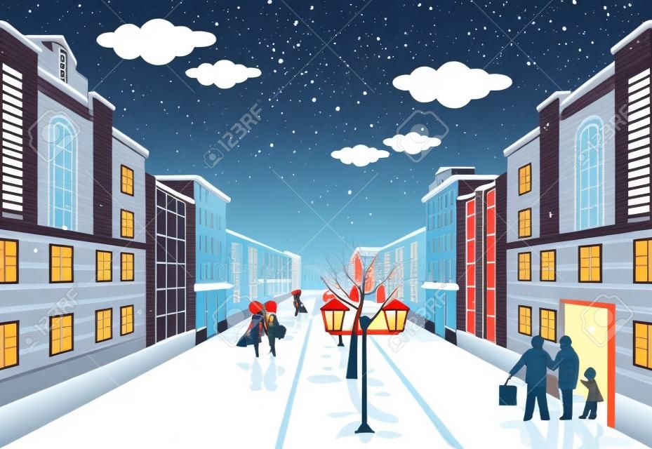 ilustración de una calle de la ciudad en invierno con la gente, las luces y los árboles perspectiva