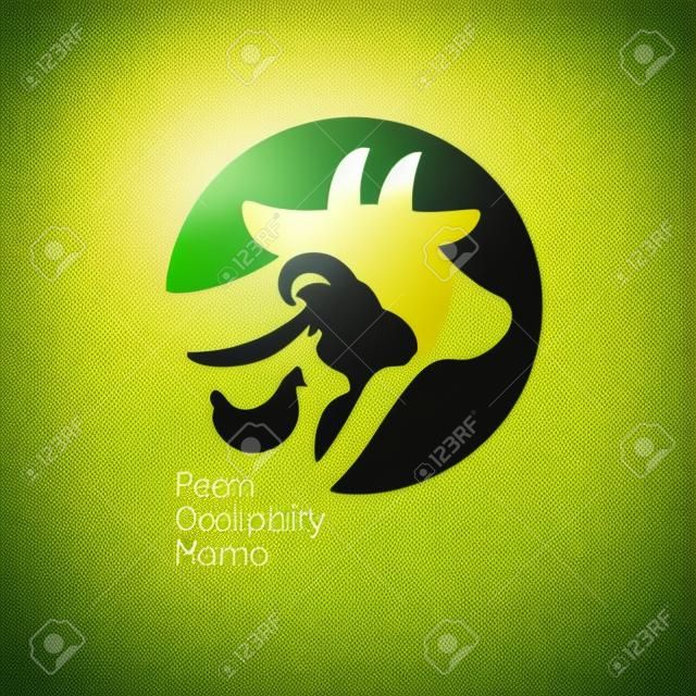 Logo for livestock company, stock raising. Round symbol with cow, pig, ram and chicken. Green sign for ranching. Vector illustration of farm animals. Label for Bio products, farmers fair or market.