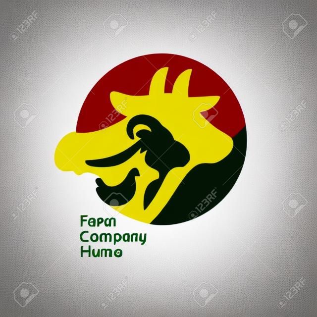 Logo per azienda zootecnica, allevamento di bestiame. Simbolo rotondo con mucca, maiale, montone e pollo. Segno verde per l'allevamento. Illustrazione vettoriale di animali da fattoria. Etichetta per prodotti Bio, fiera o mercato degli agricoltori.
