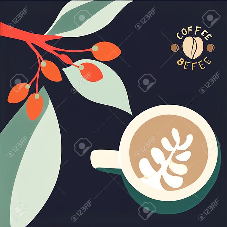 Vector illustratie van kopje cappuccino en takken van koffieplant met bladeren en bessen. Ontwerp voor koffiehuis. Koffieboon. Template voor banner, poster, blog, boekje, prints, flyer.