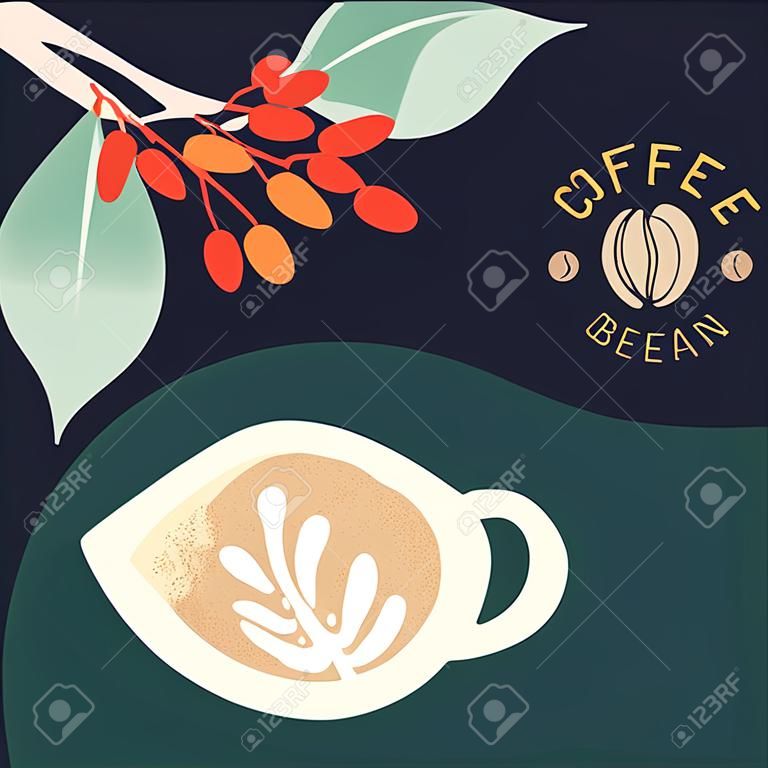 Vector illustratie van kopje cappuccino en takken van koffieplant met bladeren en bessen. Ontwerp voor koffiehuis. Koffieboon. Template voor banner, poster, blog, boekje, prints, flyer.
