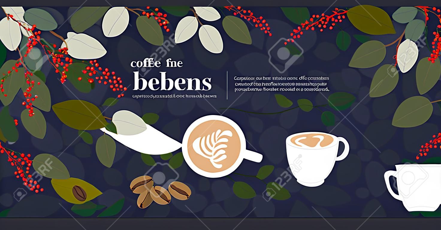 Vector illustratie van pickers zijn het oogsten van rijpe rode bessen van koffie. Kop van cappuccino, geroosterde koffiebonen. Template voor boer, roasters bedrijf. Ontwerp voor banner, boek, flyer, print, poster.