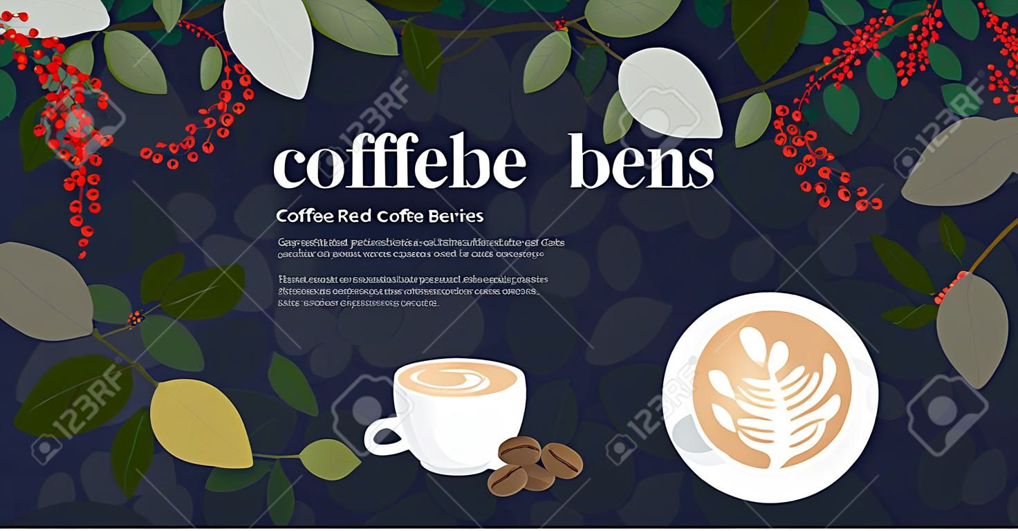 Vector illustration of pickers are harvesting ripe red berries of coffee. Cup of cappuccino, roasted coffee beans. Template for farmer, roasters company. Design for banner, book, flyer, print, poster.