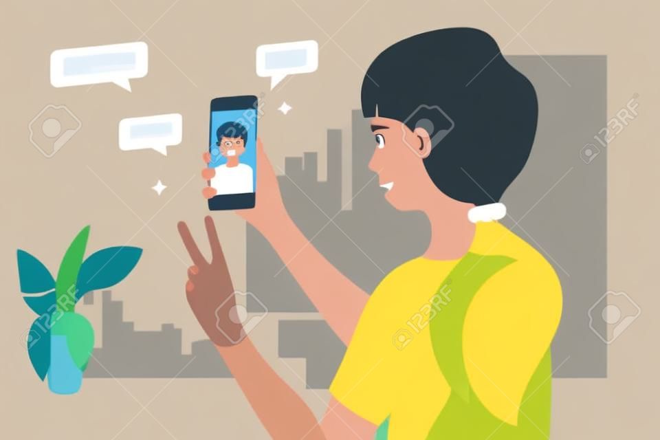 Rozmowa wideo między przyjaciółmi. ładna dziewczyna trzyma smartphone, uśmiechnięty i pozdrowienie chłopca na ekranie urządzenia. zostań w domu, spotykaj się i rozmawiaj online przez aplikację mobilną. rozmowa na odległość. ilustracja wektorowa