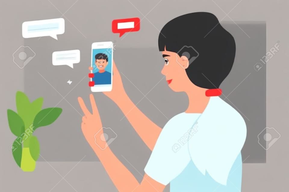 Rozmowa wideo między przyjaciółmi. ładna dziewczyna trzyma smartphone, uśmiechnięty i pozdrowienie chłopca na ekranie urządzenia. zostań w domu, spotykaj się i rozmawiaj online przez aplikację mobilną. rozmowa na odległość. ilustracja wektorowa