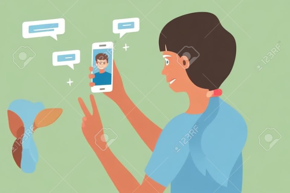 Video call between friends. Cute girl holding smartphone, smiling and greeting boy on device screen. Stay at home, meeting and chatting online by mobile app. Distance conversation. Vector illustration