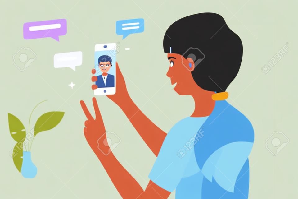 Video call between friends. Cute girl holding smartphone, smiling and greeting boy on device screen. Stay at home, meeting and chatting online by mobile app. Distance conversation. Vector illustration